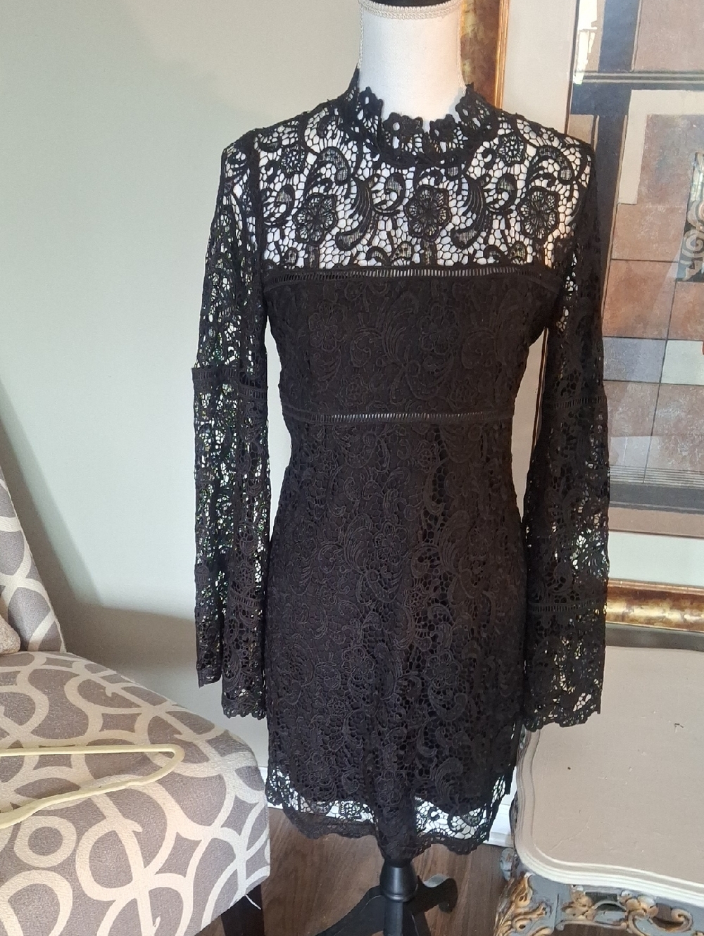 Bardot Black Lace Mini Dress with Scalloped High Neck
